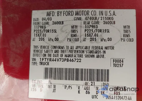 2003 Ford Ranger Edge/Tremor/Xlt из США, поврежденный, VIN 1FTYR44V73PB46722